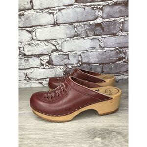 TROLLS By Samhall Burgundy Leather & Wood Sweden Clogs Shoes Women Sz 7M US/38EU